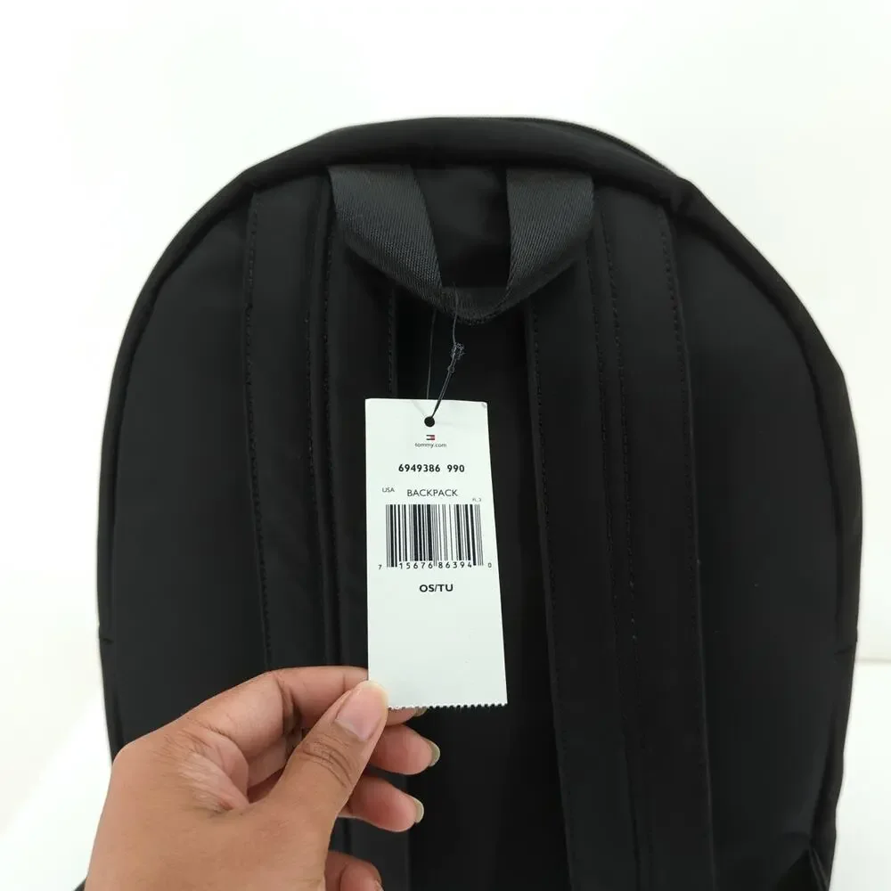 TOMMY HILFIGER Nylon Backpack Black Logo Zip School Academia Preppy Logo NEW